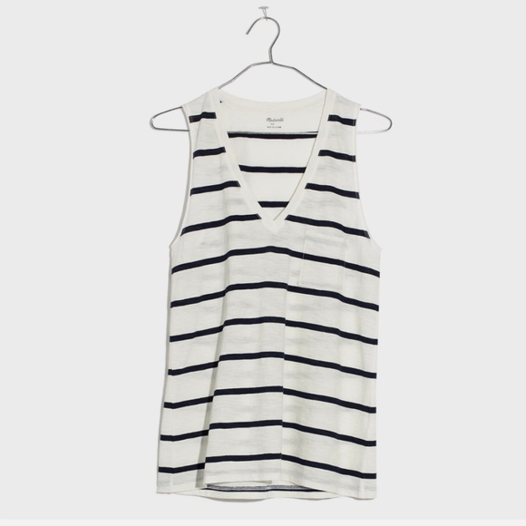 Madewell Tops - Madewell Whisper Cotton V Neck Tank White and Navy Blue Size XXS Front Pocket